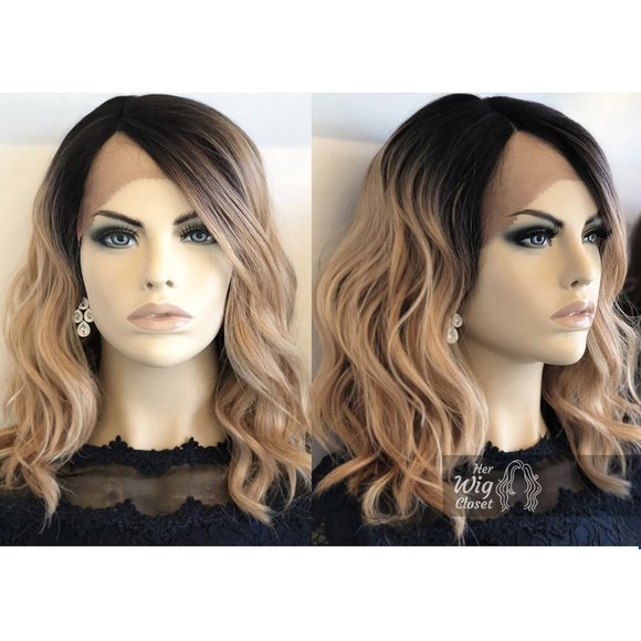 14" Mix Blonde With Dark Roots Wavy Wig | Angelina - Picture 2 of 10